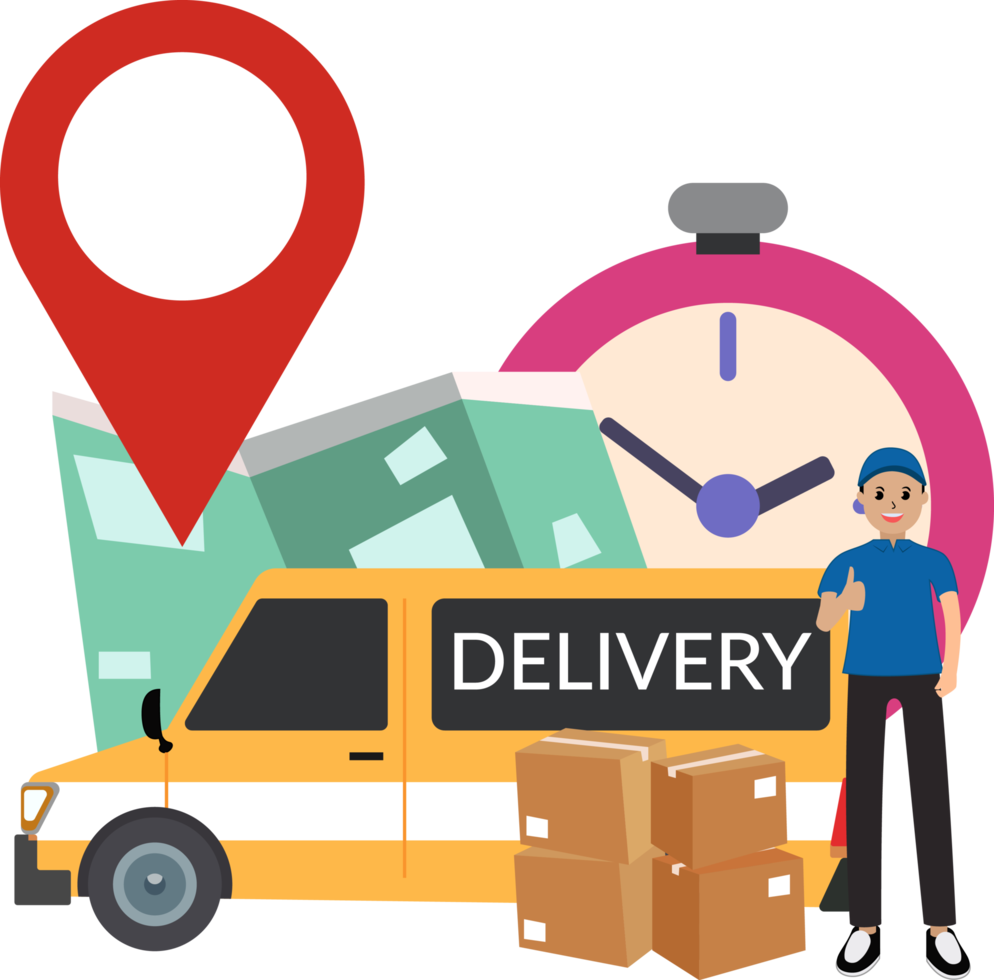 delivery courier delivery couriers using map cars and clocks concept of delivering goods on time free png